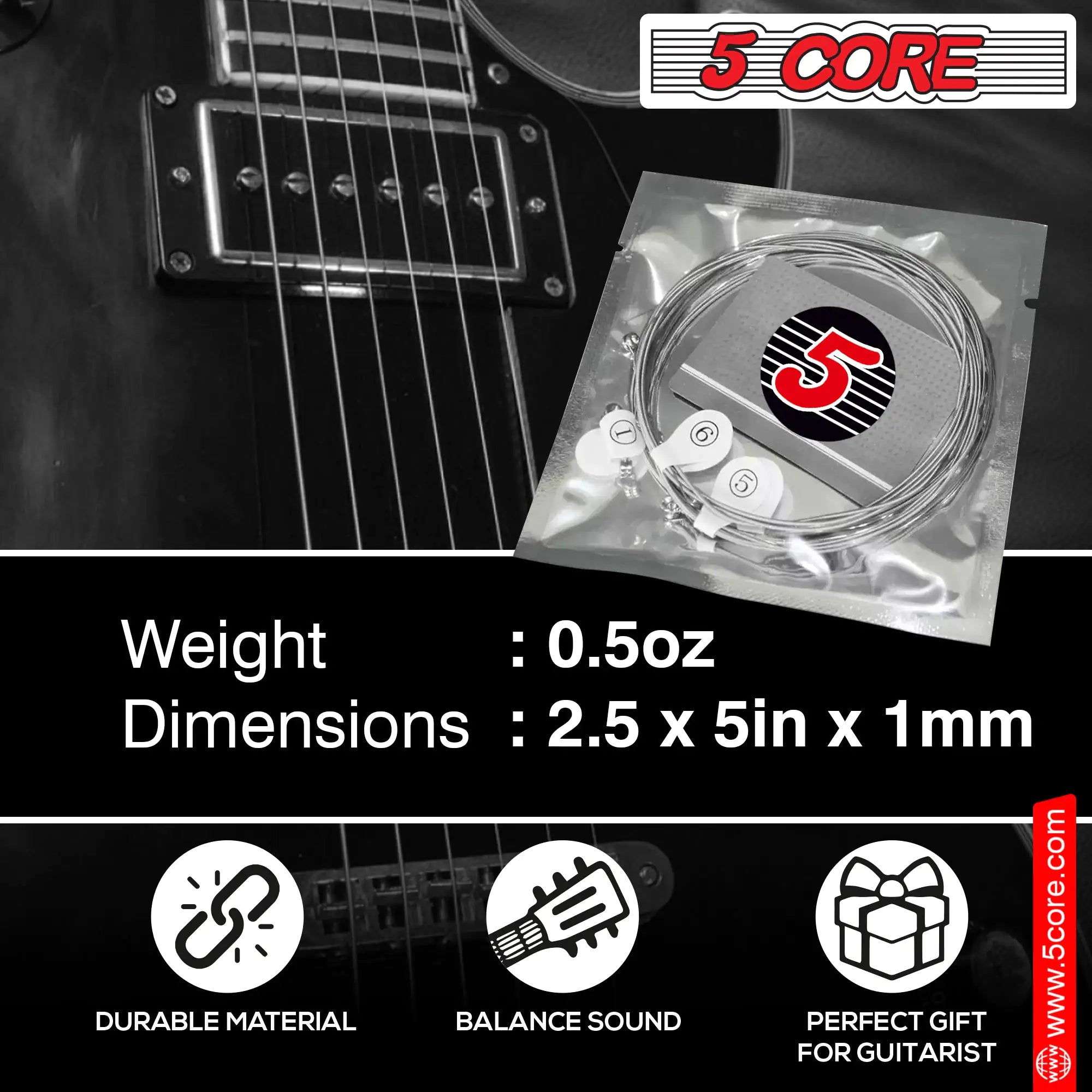 5Core Bass Electric Guitar Strings 0.010-.048 Gauge w Bright Tone for 6 String Guitars