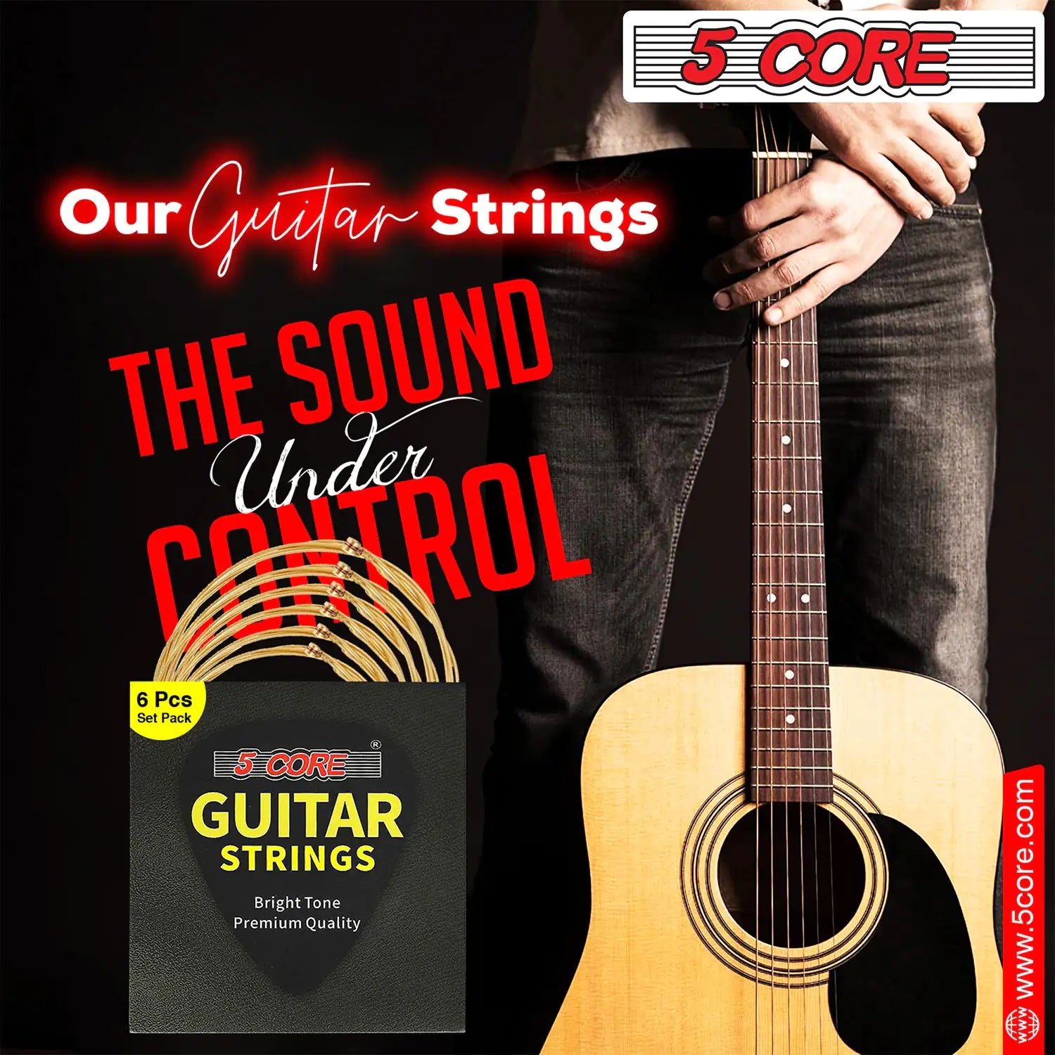 5Core Acoustic Guitar Strings 0.010-0.047 Steel Gauge Heavy Duty w Bright Tone For 6 String Guitars