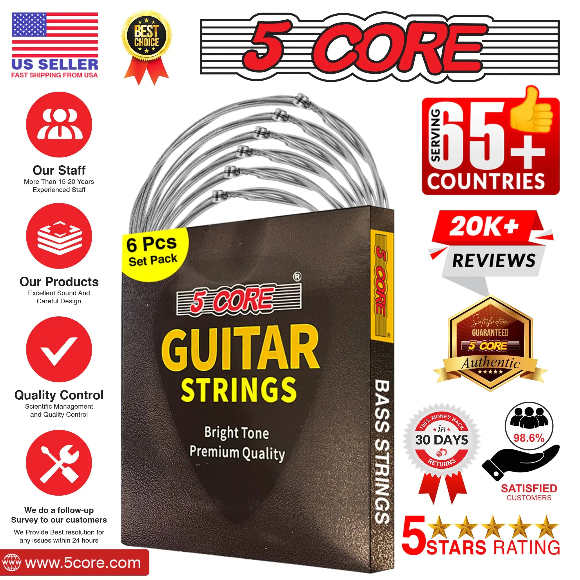 5Core Bass Electric Guitar Strings 0.010-.048 Gauge w Bright Tone for 6 String Guitars