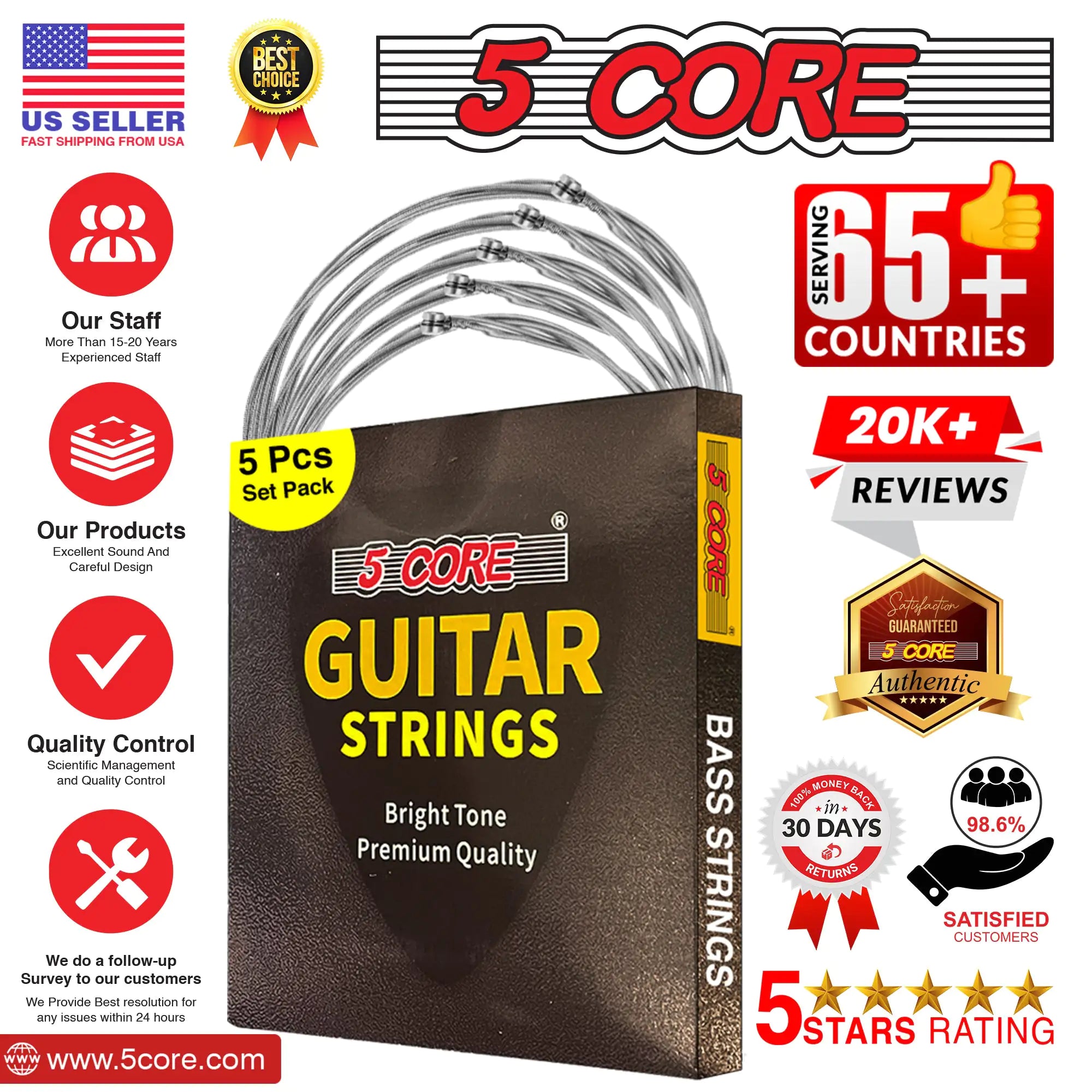 5Core Bass Electric Guitar Strings 0.010-.048 Gauge w Bright Tone for 6 String Guitars