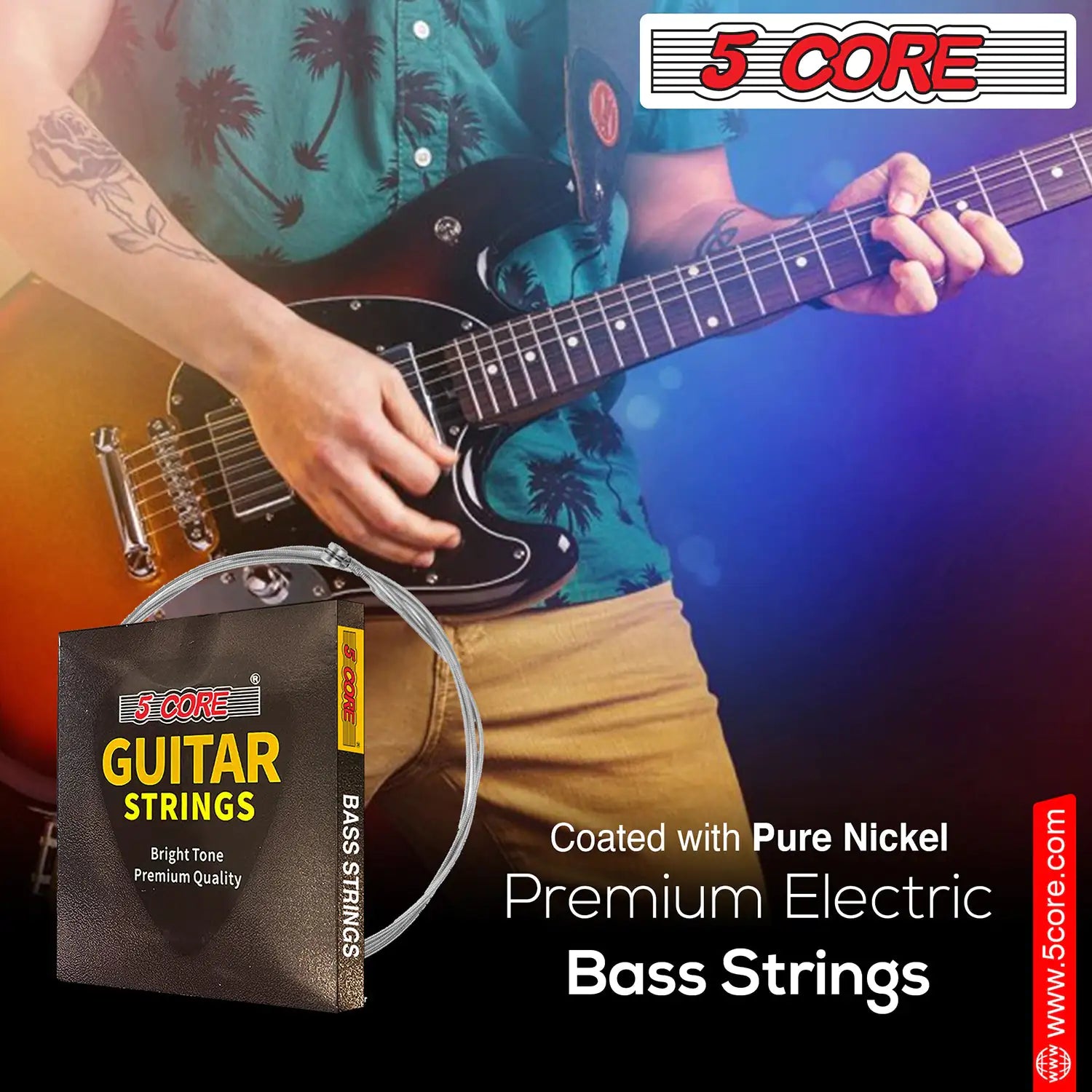 5Core Bass Electric Guitar Strings 0.010-.048 Gauge w Bright Tone for 6 String Guitars