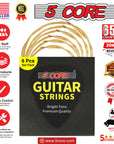 5Core Acoustic Guitar Strings 0.010-0.047 Steel Gauge Heavy Duty w Bright Tone For 6 String Guitars